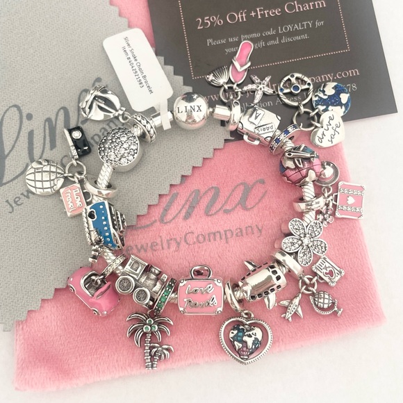 Linx Silver Snake Chain Bracelet with Travel Themed Charms sterling silver